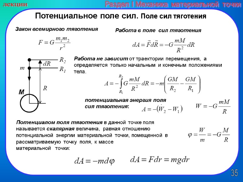 35 лекции Раздел I Механика материальной точки Потенциальное поле сил. Поле сил тяготения 